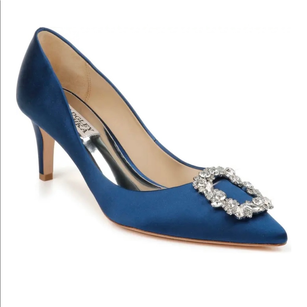 Navy satin kitten heels with jewel detail